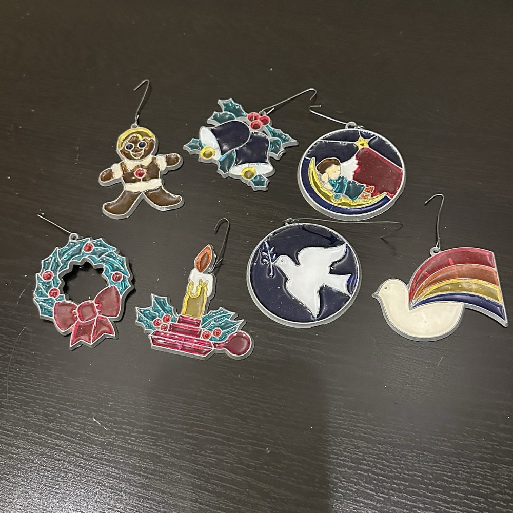 7 Vintage Suncatcher Christmas Ornaments Small Stained Glass Style Holiday